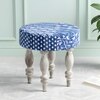 Roswell Sheesham Wood Mid Century Round Set of 2 Stools in Indigo Patchwork Kantha Upholstery