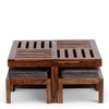 Palladio Sheesham Wood Coffee Table With 4 Stools Set In Teak Finish & Iron Grey Velvet Fabric Cushions