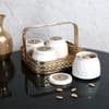 Basket With Jar Set Of 4 In Gold And White Colour