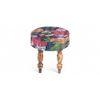 Roswell Sheesham Wood Mid Century Round Set of 2 Stools in Fruit Print Blue Kantha Upholstery