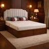 Mooh Solid Wood Queen Size Upholstered Bed With Hydraulic Storage (Provincial Teak Finish, Grey Colour)