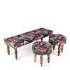 Cairo Sheesham Wood Mid Century Seater Bench Set  2 Stools In Fruit Print Blue Kantha