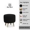 Doe Buck Parker Velvet Round Ottoman Stool in Black Colour with Wooden Legs