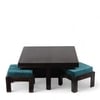 Blane Sheesham Wood Coffee Table With 4 Stools Set In Mahogany Finish & Turquoise Sea Velvet Fabric Cushions