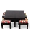 Blane Sheesham Wood Coffee Table With 4 Stools Set In Mahogany Finish & Multi Colour Israel Print Kantha Fabric Cushions