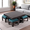 Blane Sheesham Wood Coffee Table With 4 Stools Set In Mahogany Finish & Turquoise Sea Velvet Fabric Cushions