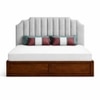 Mooh Solid Wood Queen Size Upholstered Bed With Hydraulic Storage (Provincial Teak Finish, Grey Colour)