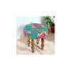 Roswell Sheesham Wood Mid Century Round Stool in Sea Green Fruit Print Kantha Upholstery