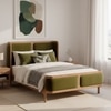 Valerio Duo-Panel Luxe Queen Size Bed in Olive colour Velvet with Oak wood Frame