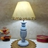 Pelli Blue White Handmade Distress wooden Table lamp in Trophy design with Handpainted Border on Beige fabric shade