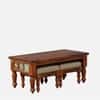 Rangrez Sheesham Wood Nesting Coffee Table in Honey Oak Finish with Cushioned Stools by Mudramark