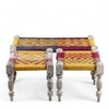 Oakville Sheesham Wood Vintage Seater Maachi Bench Set  2 Stools In Multi Colour Chindi  Yellow Rope