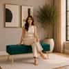 Doe Buck Upholstered Bench in Teal Colour with Channel Stitching and Gold Legs