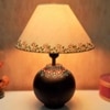 Solway Handmade & handpainted Black colour Wooden matka Table lamp with Mandala design and Handpainted Floral design on Cotton Beige shade