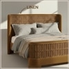 Heritage Cane Upholstered Queen Size Bed in Linen With Oak wood Frame