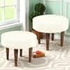Nayla Soild Wood Stool with White Fabric upholestery & Teak Finish Legs