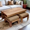 Irish Sheesham Wood Accent Coffee Table Set With 2 Stools In Teak Finish With Jute Beige Cushions