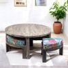 Nashville Sheesham Wood 4 Seater Coffee Table Set In Antique Grey Finish Floral Print Green Kantha Cushion
