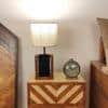 Moby Brown Wooden Table Lamp with Yellow Printed Fabric Lampshade