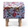 Verona Solid Wood Pouf Stool in Bird Print Grey Kantha Fabric