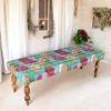 Cairo Solid Wood 2 Seater Bench In Floral Print Green Kantha Fabric