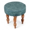 Roswell Sheesham Wood Round Stool in Blue Jacquard Work Fabric Upholstery