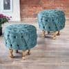 Louisville Acacia Wood Accent Round Set of 2 Pouf Stools in Turquoise