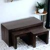 Kassel Sheesham Wood Coffee Table With 2 Stools Set In Mahogany Finish