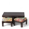 Irish Sheesham Wood Coffee Table With 2 Stools Set In Mahogany Finish & Multi Colour Israel Print Kantha Fabric Cushions