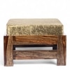 Amber Sheesham Wood Foot Stool in Teak Finish with Velvet Green Cushion