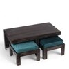 Irish Sheesham Wood Coffee Table With 2 Stools Set In Mahogany Finish & Turquoise Sea Velvet Fabric Cushions