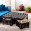 Palladio Sheesham Wood Coffee Table With 4 Stools Set In Mahogany Finish & Multi Colour Israel Print Kantha Fabric Cushions