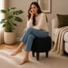 Doe Buck Velvet Round Ottoman Stool in Black Colour with Wooden Legs