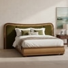 Elowen Softline Queen Size Bed in velvet With Oak wood Frame & Hydraulic Storage