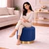 Doe Buck Damato Luxury Velvet Round Ottoman in Blue Colour with Gold Base