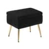 Doe Buck Ribbed Velvet Ottoman Stool in Black Colour with Gold Metal Legs
