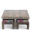 Blane Sheesham Wood 4 Seater Coffee Table Set In Antique Grey Finish Floral Print Green Kantha Cushion