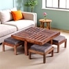 Palladio Sheesham Wood Coffee Table With 4 Stools Set In Teak Finish & Iron Grey Velvet Fabric Cushions
