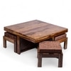 Blane Sheesham Wood 4 Seater Coffee Table Set In Teak Finish Brown Sparkle Velvet Cushion