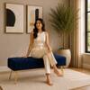 Doe Buck Upholstered Bench in Blue Colour with Channel Stitching and Gold Legs