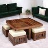Palladio Sheesham Wood Accent Coffee Table Set With 4 Stools In Natural Teak Finish