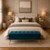 Doe Buck Velvet Tufted Storage Bench in Teal Blue Colour with Gold Legs