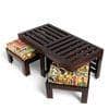 Irish Sheesham Wood Bohemian Coffee Table Set With 2 Stools In Dark Walnut Finish With Israel Print Patchwork Kantha Cushions