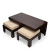Irish Sheesham Wood Coffee Table With 2 Stools Set In Dark Walnut Finish & Ivory Sparkle Velvet Fabric Cushions