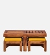Lifty Sheesham Wood Nesting Coffee Table Set in Rustic  Teak Finish With Cushioned Stools