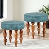 Roswell Sheesham Wood Round Stool in Blue Jacquard Work Fabric Upholstery