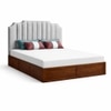 Mooh Solid Wood Queen Size Upholstered Bed With Hydraulic Storage (Provincial Teak Finish, Grey Colour)