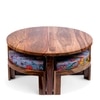 Nashville Sheesham Wood 4 Seater Coffee Table Set In Teak Finish Bird Print Grey Kantha Cushion
