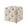 Doe Buck Colchester Velvet Tufted Ottoman Cube in Beige Colour with Wooden Base
