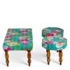 Bestone Sheesham Wood Mid Century 3+1+1 Seater Bench Set With 2 Stools In Sea Green Fruit Print Kantha
